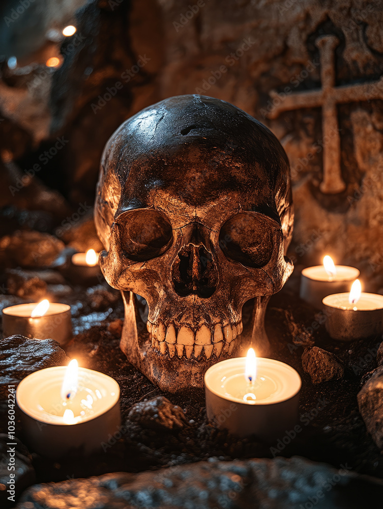 A skull illuminated by candles in a dark, eerie setting. A skull illuminated by candles in a dark, eerie setting.