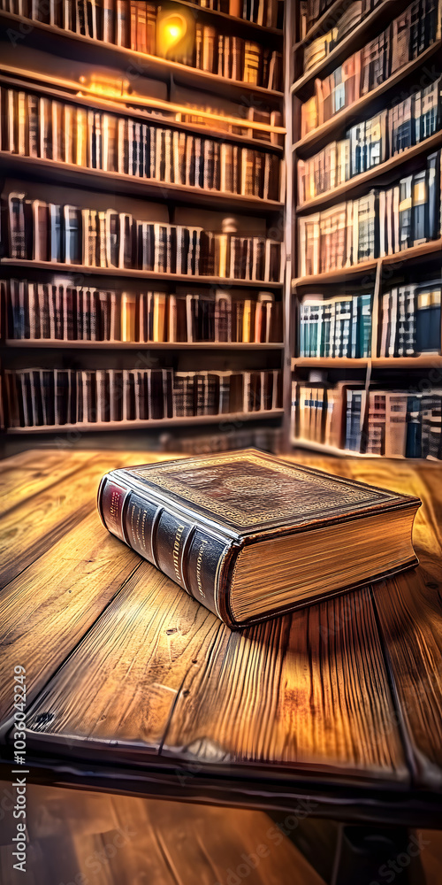 A book is sitting on a wooden table in a library. Concept of warmth and comfort, as if the reader is enjoying a quiet moment in the library A book is sitting on a wooden table in a library. Concept of warmth and comfort, as if the reader is enjoying a quiet moment in the library