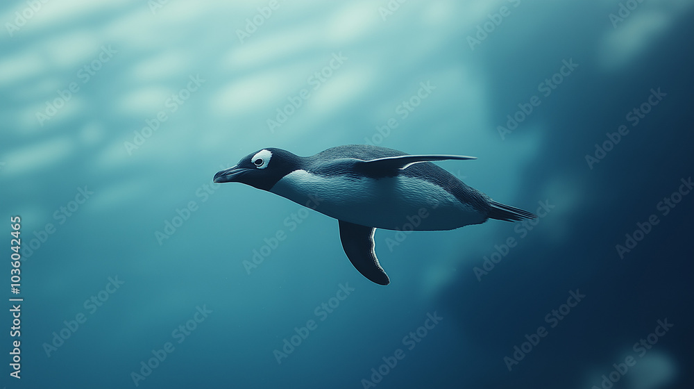 Fototapeta premium A Galápagos penguin swimming swiftly underwater, its body streamlined with no noise or artifacts disrupting the clear blue water.