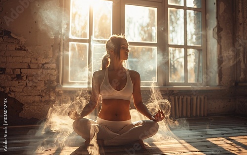 Young beautiful woman practicing yoga near floor window