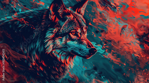 Cool, Epic, Artistic, Beautiful, and Unique Illustration of Wolf Animal Cinematic Adventure: Abstract 3D Wallpaper Background with Majestic Wildlife and Futuristic Design. photo