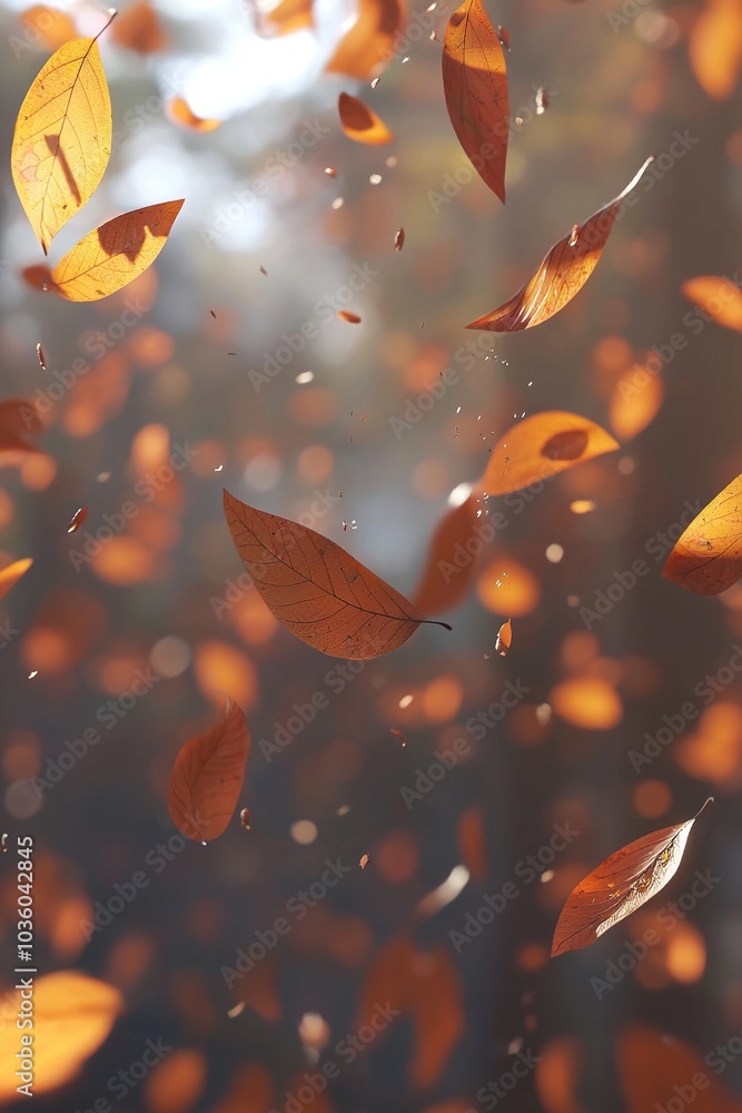 A cluster of leaves suspended in mid-air against a hazy background featuring tree trunks and a distant skyline A cluster of leaves suspended in mid-air against a hazy background featuring tree trunks and a distant skyline