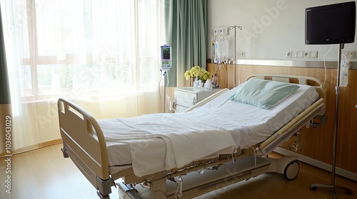 Modern luxury cosy hospital room with an empty bed for the patient and modern medical equipment. Private medical facility with professional services. Illustration for advertising, marketing, etc.