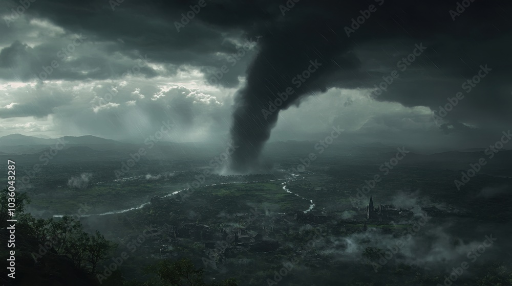 Fototapeta premium A tornado forming in the distance, with dark storm clouds swirling and the land below cast in shadow