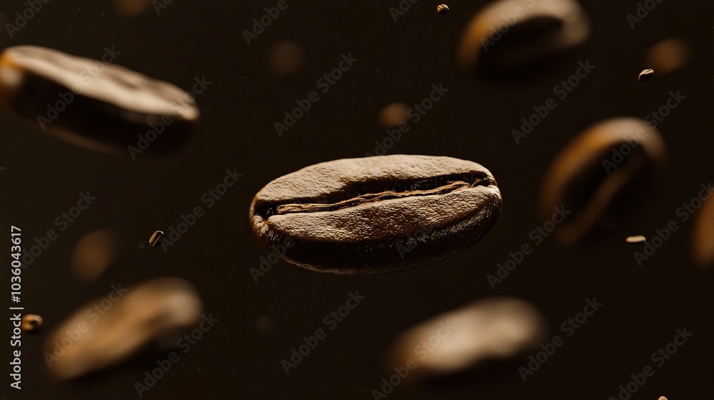 A close-up shot of a solitary coffee bean on a dark background surrounded by other scattered coffee beans A close-up shot of a solitary coffee bean on a dark background surrounded by other scattered coffee beans