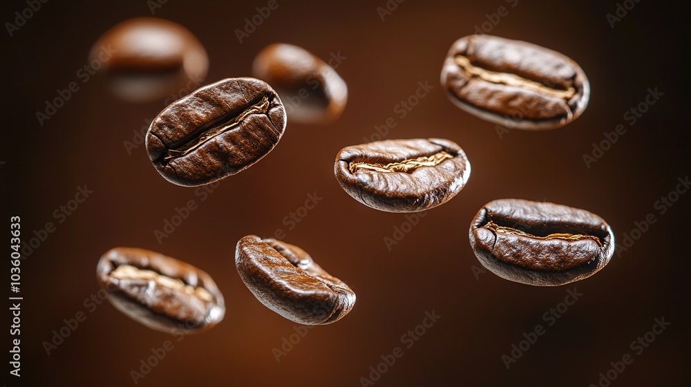 A group of coffee beans fly through the air, with coffee beans in the foreground and background A group of coffee beans fly through the air, with coffee beans in the foreground and background