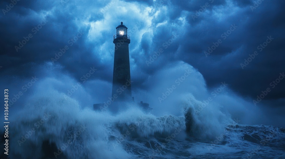 Fototapeta premium A lighthouse standing strong as waves crash against it during a powerful storm, with rain pouring down