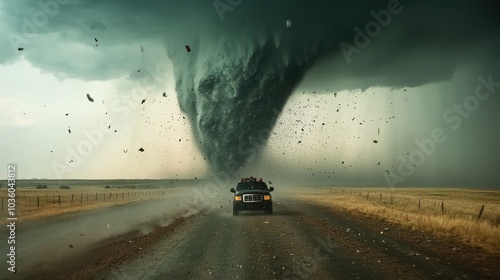 Storm chasers driving toward a massive tornado on the horizon, with debris flying through the air
