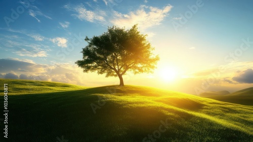 Beautiful sunset over a green meadow with a lone tree silhouetted against the sun shining through its branches