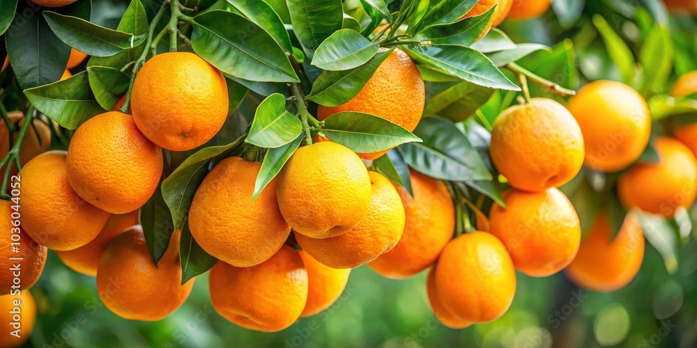 A Branch of Ripe Oranges Hanging on a Tree, Composition of close-up, Image detail of bright orange fruit and green leaves, Concept of fresh and healthy fruit, Orange Tree, Fruit Farm, Citrus A Branch of Ripe Oranges Hanging on a Tree, Composition of close-up, Image detail of bright orange fruit and green leaves, Concept of fresh and healthy fruit, Orange Tree, Fruit Farm, Citrus
