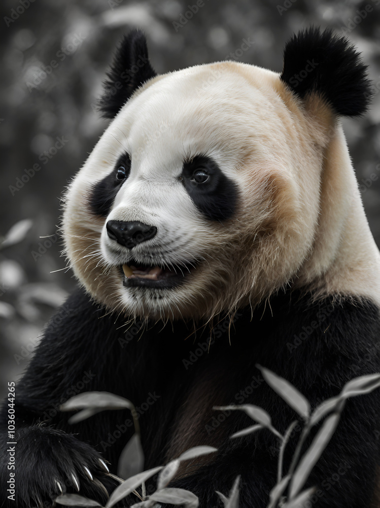 Naklejka premium Black and white image of a panda in forest 