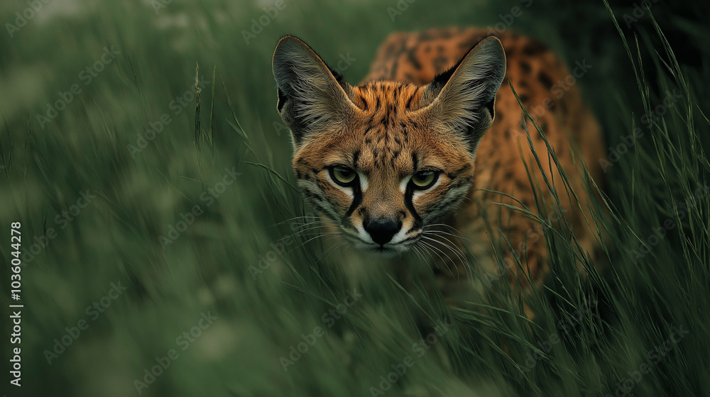 A serval stalking through tall grass, with clear motion capture and no soft focus as it moves through the environment. v2 A serval stalking through tall grass, with clear motion capture and no soft focus as it moves through the environment. v2