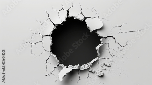 Fototapeta Naklejka Na Ścianę i Meble -  Hole breaking through white wall, cut out black. 