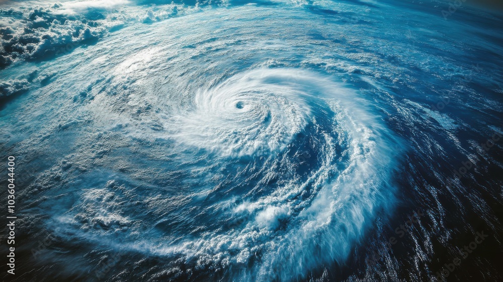 Aerial view of a large storm system moving over the ocean, with waves crashing below Aerial view of a large storm system moving over the ocean, with waves crashing below