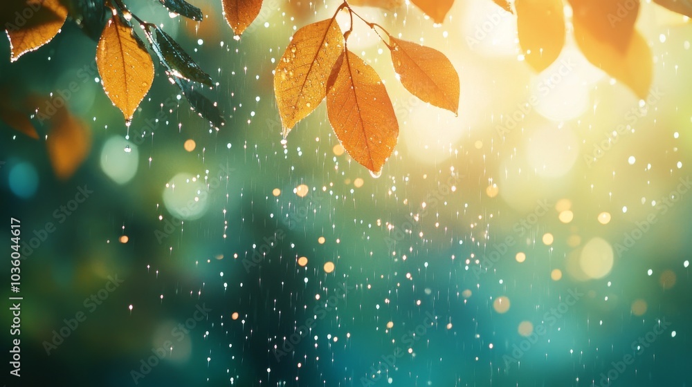 Close-up of rain falling on autumn leaves with blurred background. Close-up of rain falling on autumn leaves with blurred background.