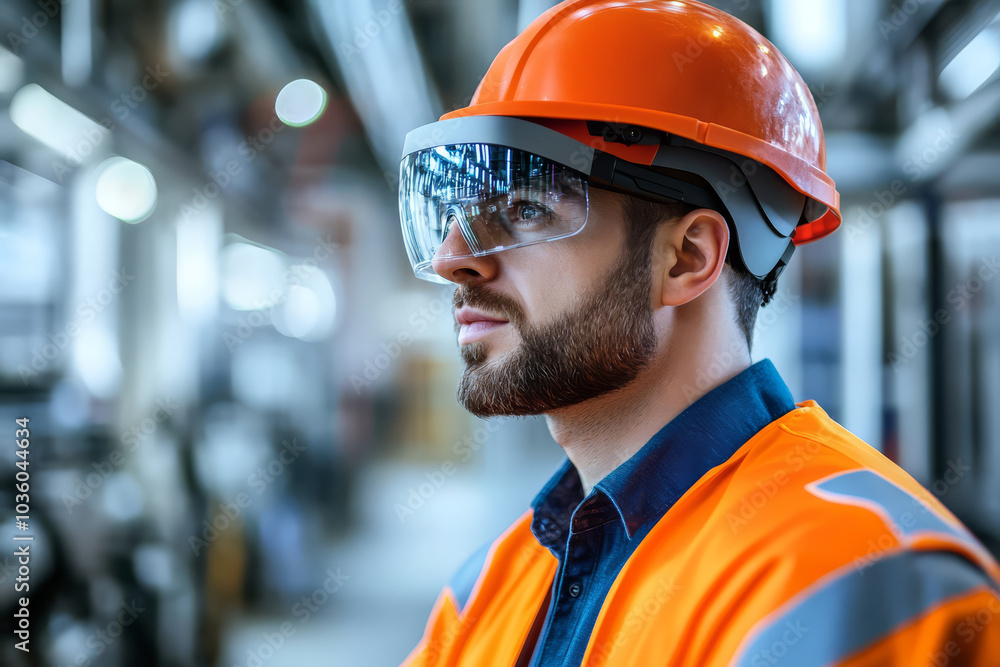 focused engineer wearing AR glasses and orange safety vest works in modern factory, showcasing advanced technology in industrial settings focused engineer wearing AR glasses and orange safety vest works in modern factory, showcasing advanced technology in industrial settings