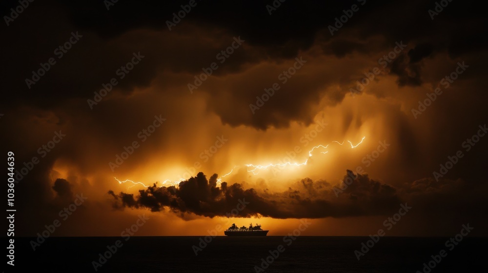 A shipâ€™s silhouette against a dark stormy sky, with lightning illuminating the scene