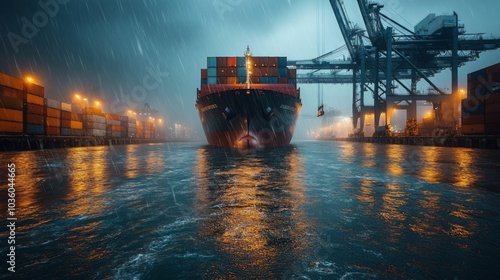 A large cargo ship approaches the dock during heavy rain at night. Container stacks line the port, reflecting the warm glow of lights on the water's surface.