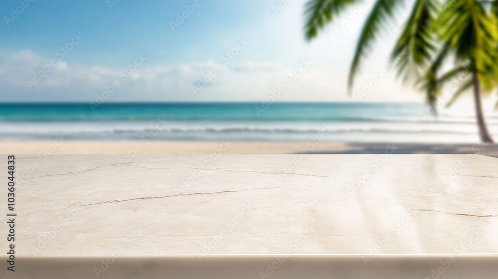 Fototapeta premium Stunning White Marble Table Displayed Elegantly with a Beautiful Tropical Beach and Turquoise Waters in the Background