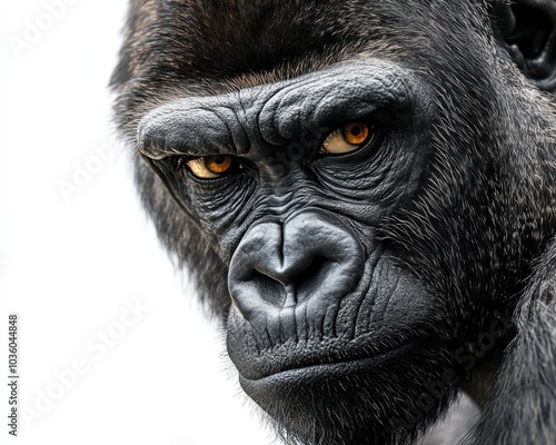 Close-up portrait of a powerful gorilla with intense gaze and wrinkled forehead against a white background. photo