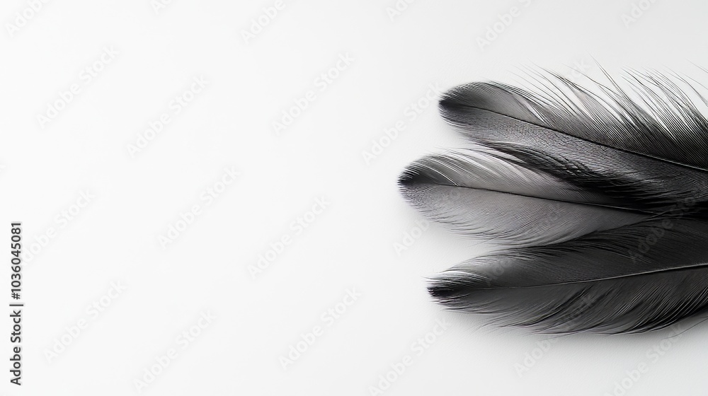 Obraz premium Three Elegant Black Feathers Isolated on a Crisp White Background, Flat Lay and Top View for Craft Projects and Design Inspiration