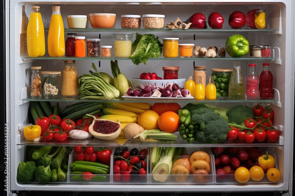 The fridge displays a colorful variety of fresh fruits and vegetables organized neatly on multiple shelves promoting a healthy lifestyle and nutrition The fridge displays a colorful variety of fresh fruits and vegetables organized neatly on multiple shelves promoting a healthy lifestyle and nutrition