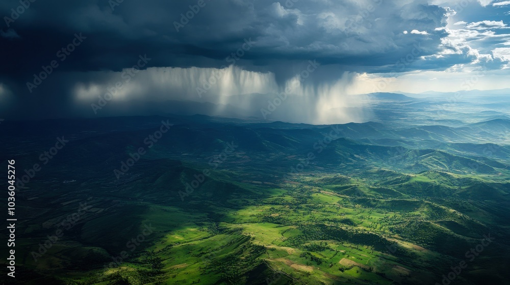 Aerial view of storm clouds forming over a mountain range, with rain starting to fall on the landscape below Aerial view of storm clouds forming over a mountain range, with rain starting to fall on the landscape below