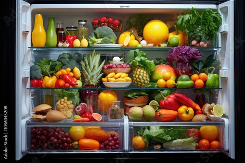 The refrigerator displays a vibrant assortment of fresh fruits and vegetables highlighting a healthy lifestyle during a sunny afternoon