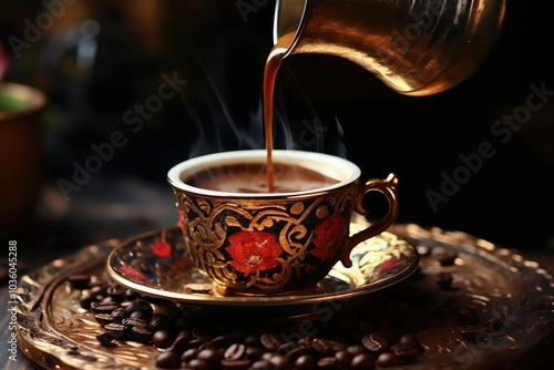 A traditional Turkish pot pours steaming coffee into a beautifully designed cup resting on a golden tray adorned with coffee beans photo