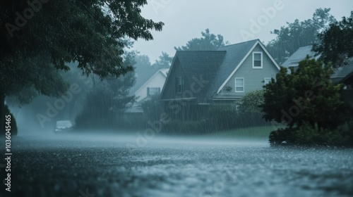 A suburban neighborhood being hit by heavy rain and strong winds during a storm