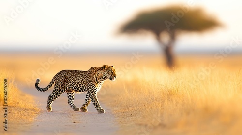 Majestic Wild African Leopard Gracefully Strolling Through Golden Grassland Savanna Under a Stunning Sunset Sky photo