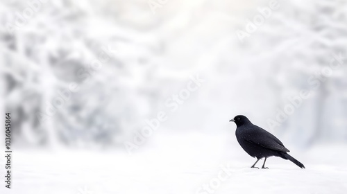 Small black bird standing alone in the middle of a snowy field looking right with blurred trees in the background. photo