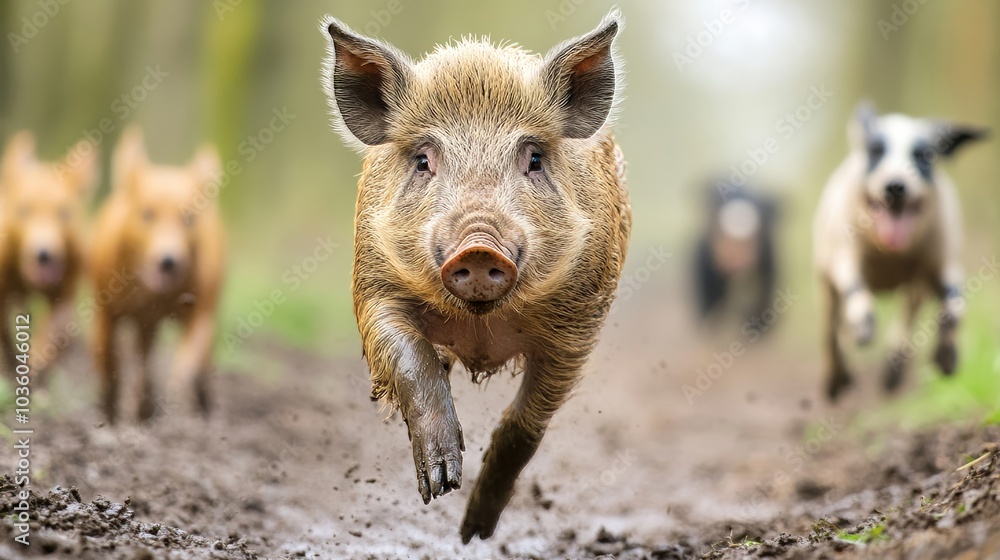 A Wild Boar Running Through the Dense Woods While a Pack of Determined Dogs Chases It Relentlessly in Pursuit A Wild Boar Running Through the Dense Woods While a Pack of Determined Dogs Chases It Relentlessly in Pursuit