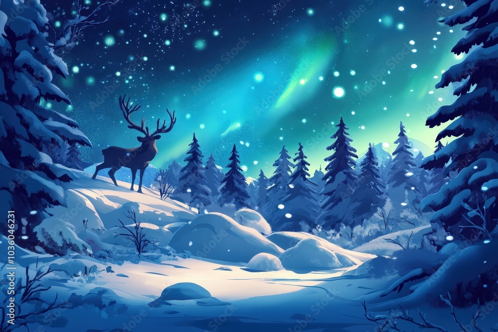 illustration Reindeer in a snowy forest, Northern Lights in the sky
illustration Reindeer in a snowy forest, Northern Lights in the sky