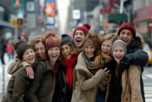 Group of happy friends having fun in New York, wearing winter clothes.