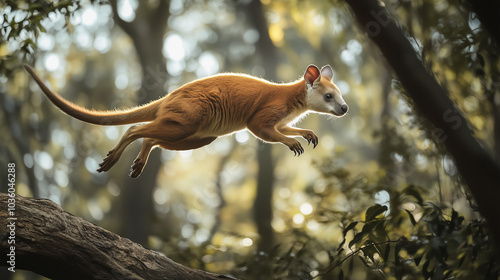 A tree kangaroo mid-leap between trees, its movements captured with precise focus, avoiding any soft focus or motion blur. v3 photo