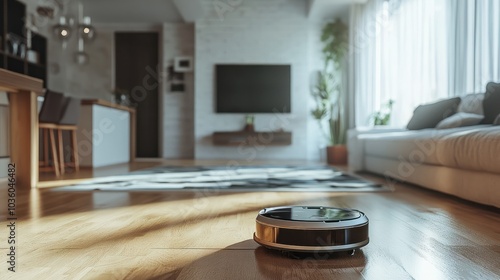 Efficient home robot performing cleaning duties, highlighting advanced technology for household maintenance. photo