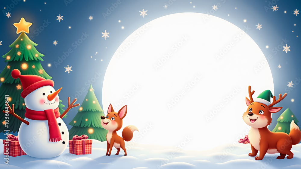 Christmas scene with snowman, fox and reindeer in a winter landscape Christmas scene with snowman, fox and reindeer in a winter landscape
