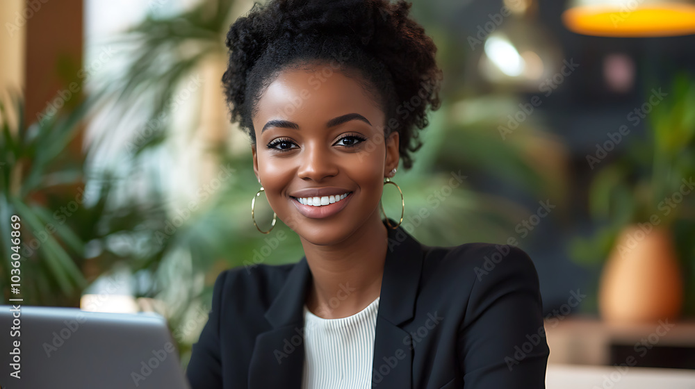 A woman with a big smile is sitting at a desk with a laptop A woman with a big smile is sitting at a desk with a laptop