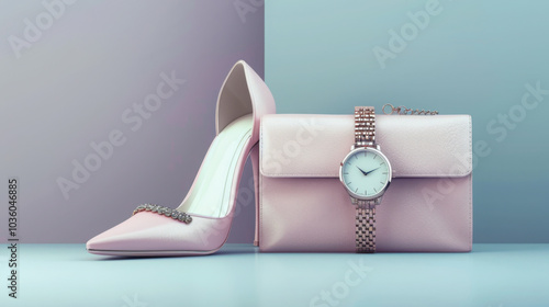 A stylish clutch, a pair of elegant high heels, and a designer watch on a white background. 32k, full ultra hd, high resolution. photo