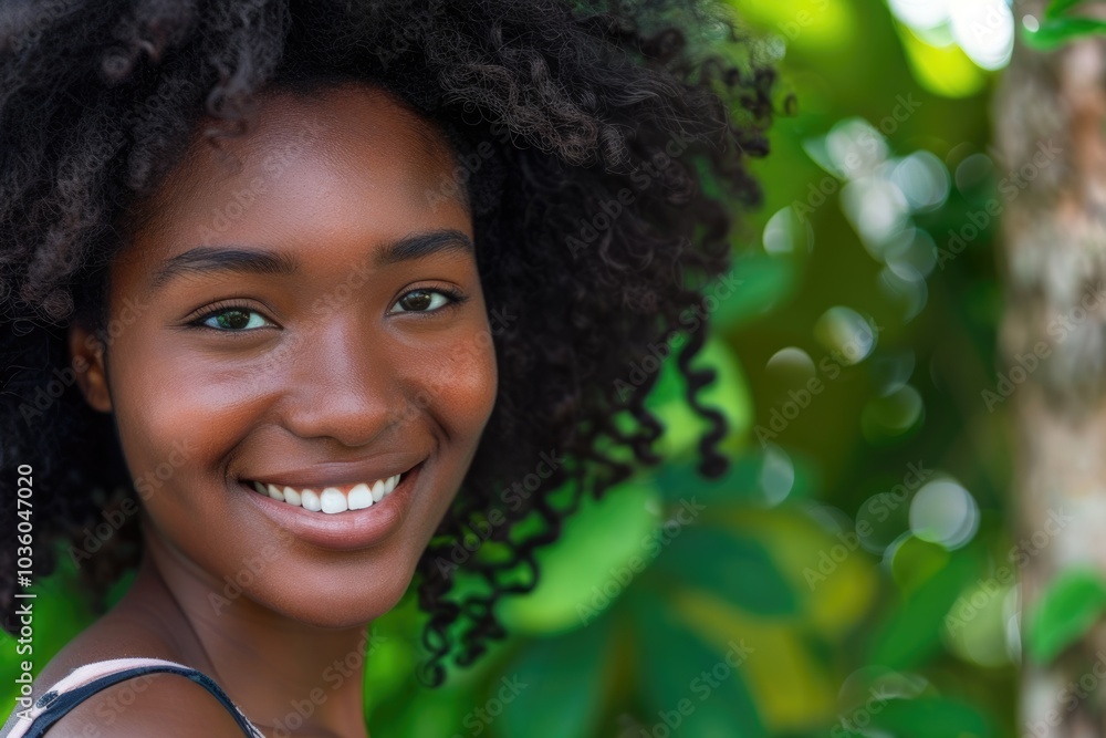 Close up horizontal portrait beautiful young black woman smiling by green background Close up horizontal portrait beautiful young black woman smiling by green background