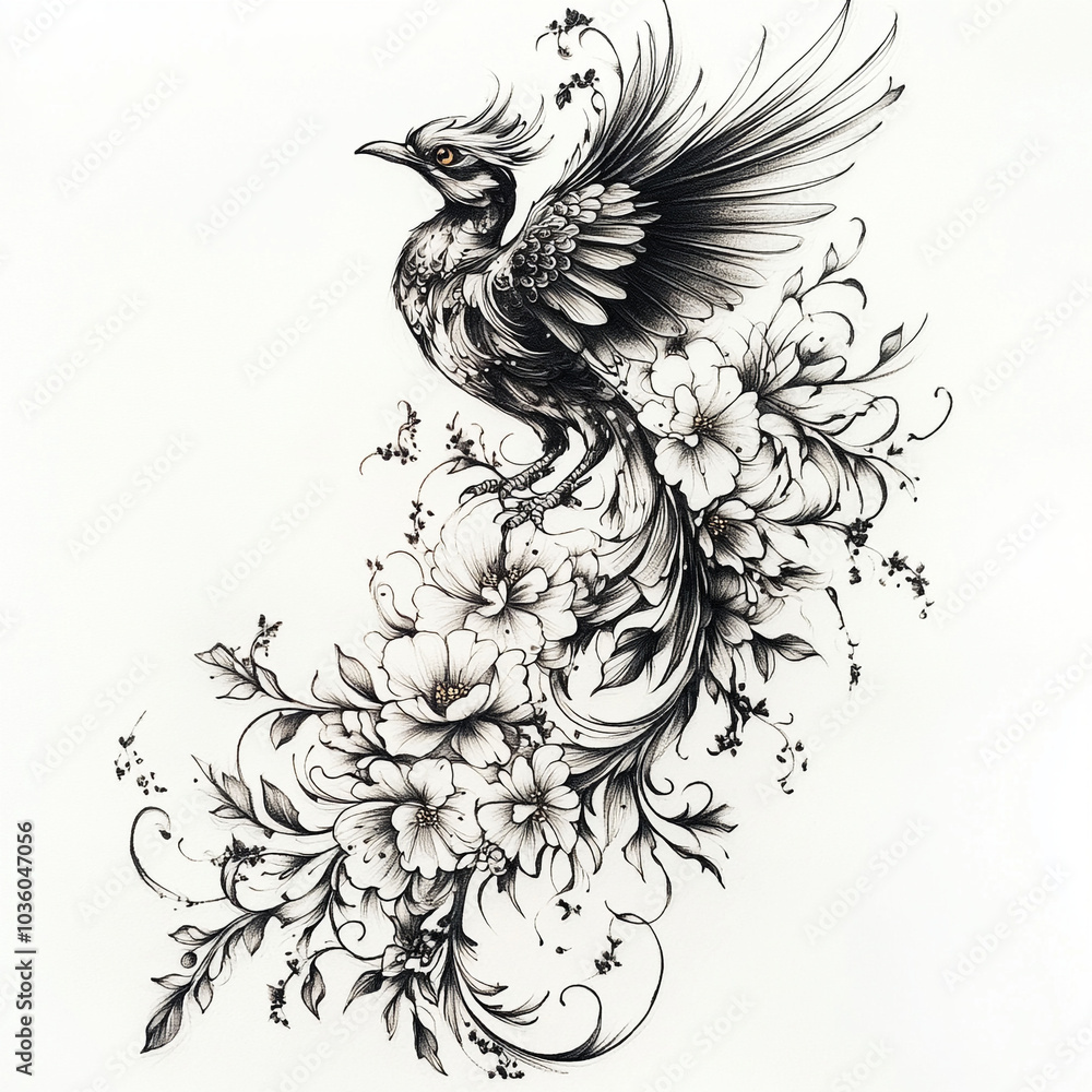 Fototapeta premium Bird with flowers tattoo design black and white art illustration sketch drawing