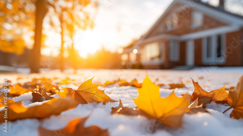 Sunset with first snow and blurred house in background, golden maple leaves on the ground photo