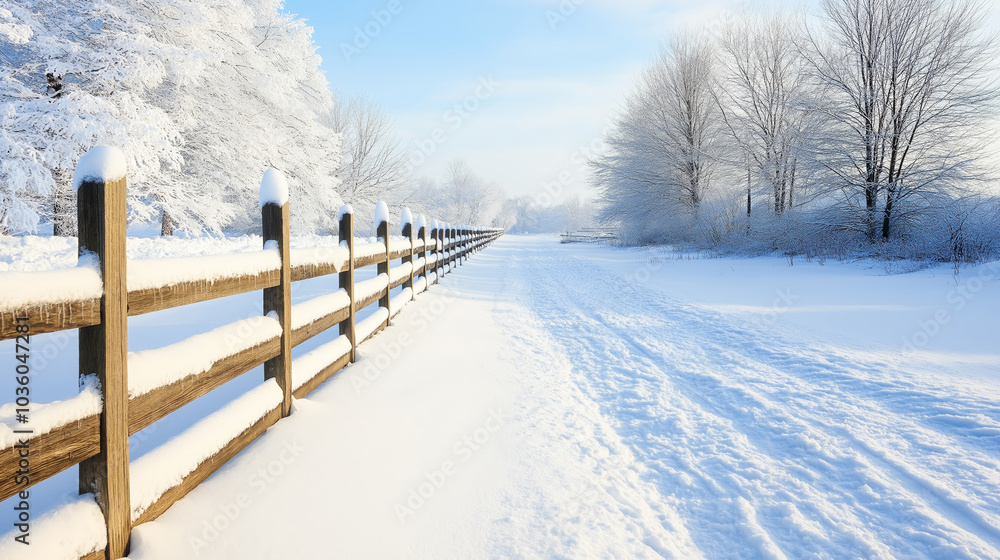 Snow covered wooden fence winding through a snow covered landscape on a clear winter day Snow covered wooden fence winding through a snow covered landscape on a clear winter day