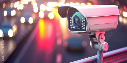 Radar speed control camera on the road on the background of blurred night road with copy space