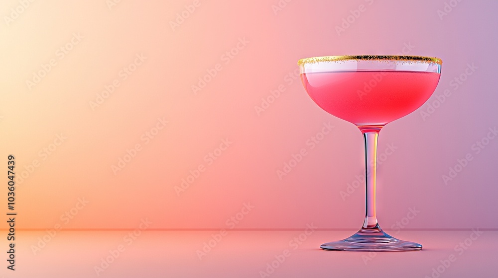 A wine glass with a pink drink and gold rim on a purple background with a gold rim A wine glass with a pink drink and gold rim on a purple background with a gold rim