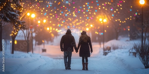 photo Couple walking in the snow holding hands, with a backdrop of twinkling Christmas lights. 