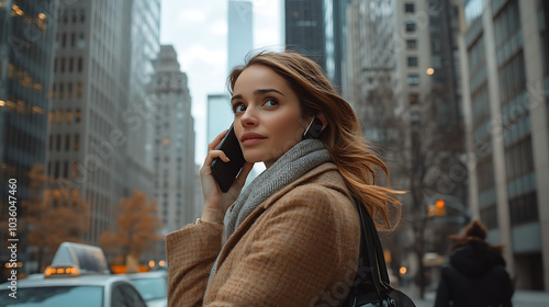 A woman is talking on her cell phone while walking down a city street