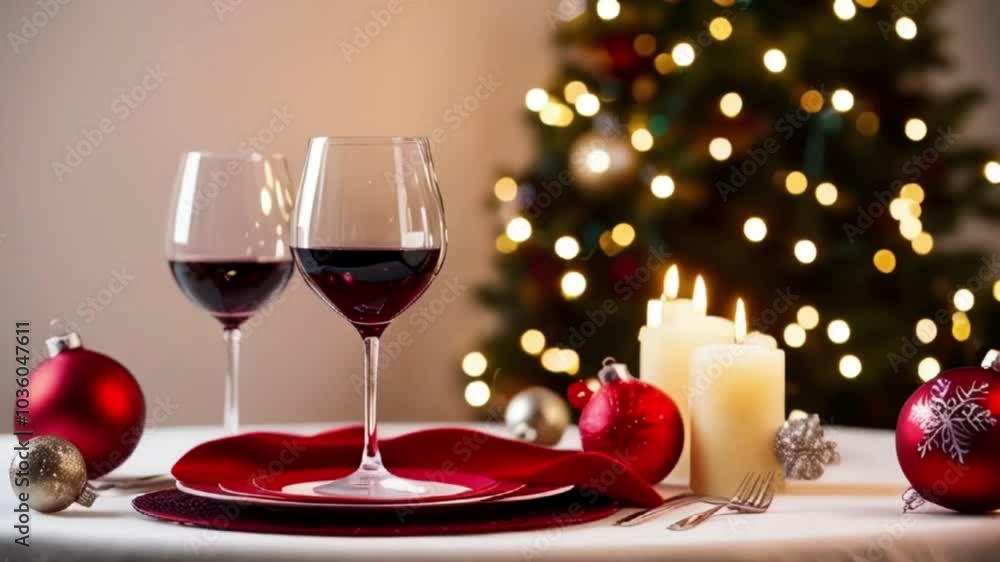 A festive holiday table setting against a blurred background of twinkling lights, Red wine at the Christmas dinner table, Christmas Holiday Dining Table created with generative ai A festive holiday table setting against a blurred background of twinkling lights, Red wine at the Christmas dinner table, Christmas Holiday Dining Table created with generative ai