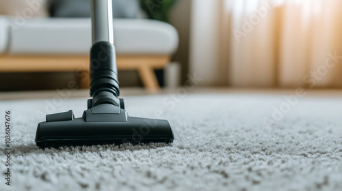 Vacuum cleaner is removing dust and dirt from a carpet, creating a clean and healthy home environment photo